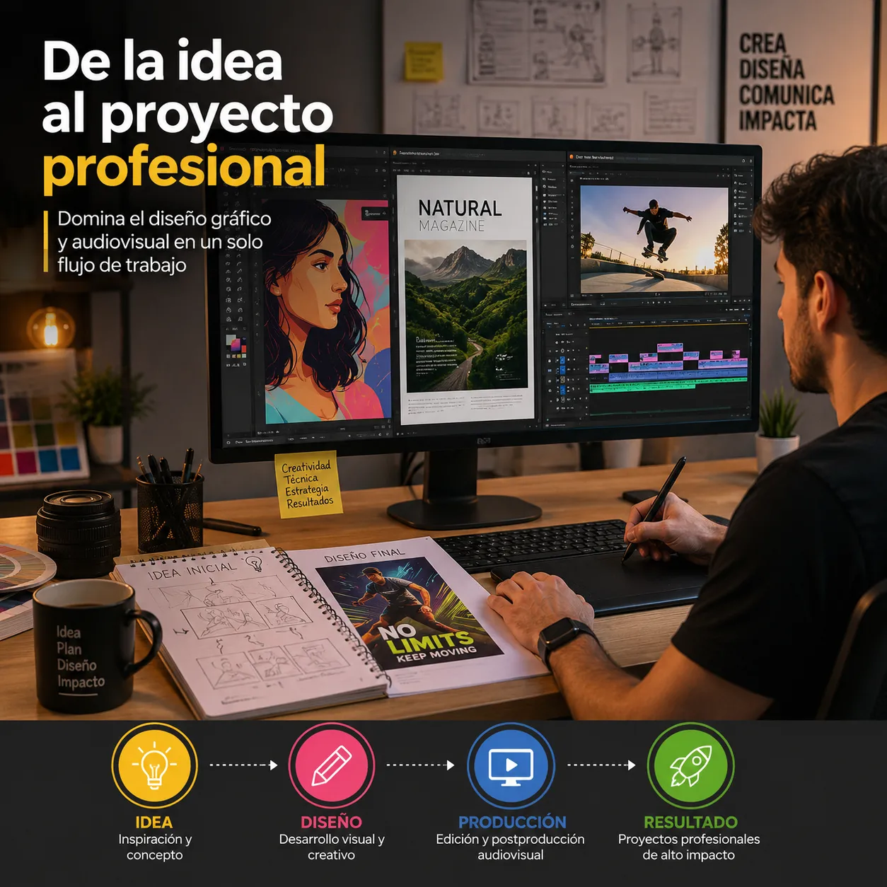 Diseñador trabajando en proyectos de diseño gráfico y edición audiovisual, mostrando el proceso de transformar ideas creativas en ilustraciones, publicaciones profesionales y videos de alta calidad mediante un flujo de trabajo integrado.