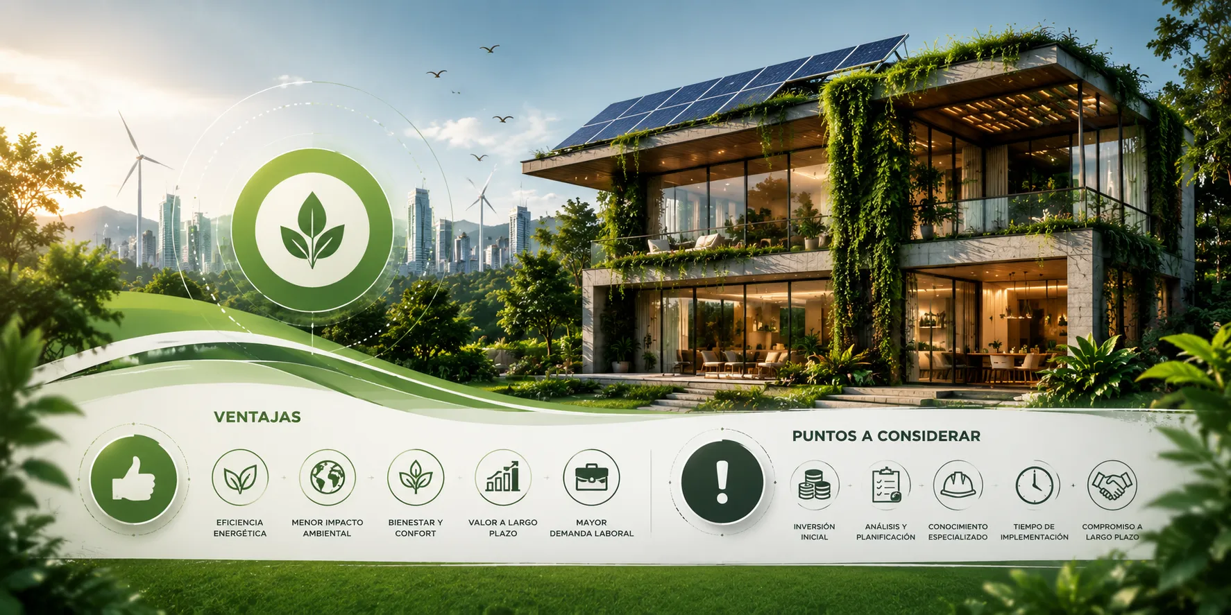 Infografía sobre ventajas y puntos a considerar de la arquitectura ecológica y sostenible.