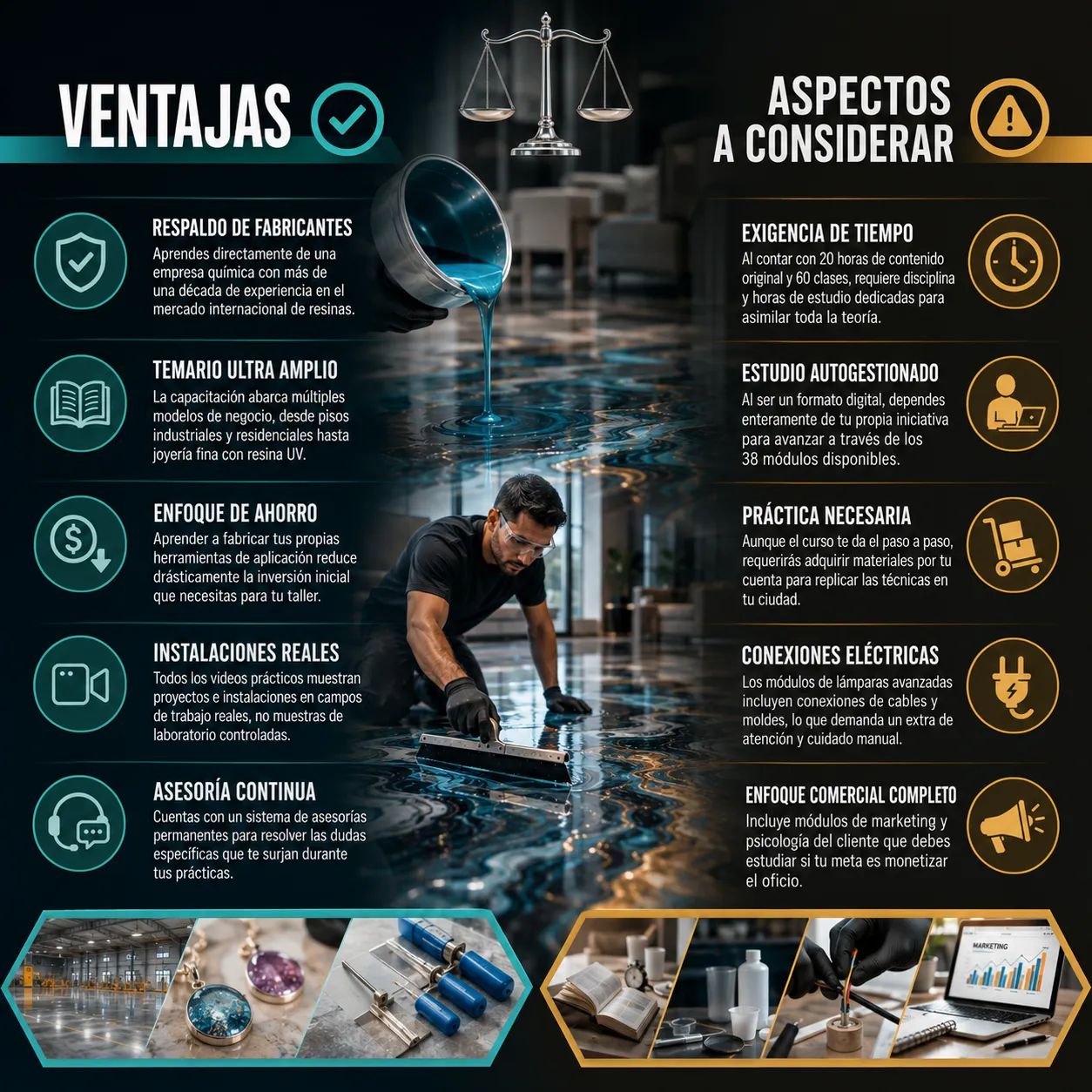 Infografía sobre las ventajas de un programa de formación en resina epóxica, mostrando respaldo profesional, aprendizaje técnico, herramientas de aplicación, proyectos reales y asesoría continua.