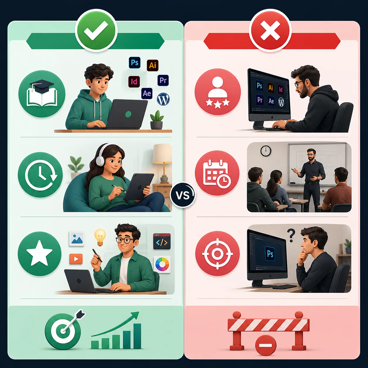 Infografía visual comparativa que muestra de forma conceptual los perfiles más adecuados y menos adecuados para un máster de diseño gráfico y audiovisual, destacando flexibilidad de aprendizaje, desarrollo de habilidades digitales y objetivos profesionales.