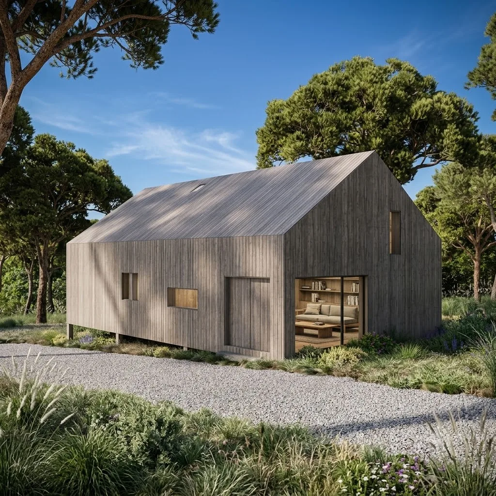 Renderizado 3D de una vivienda unifamiliar sustentable revestida en madera grisácea, diseñada bajo principios de arquitectura bioclimática e integrada en un entorno natural con árboles.
