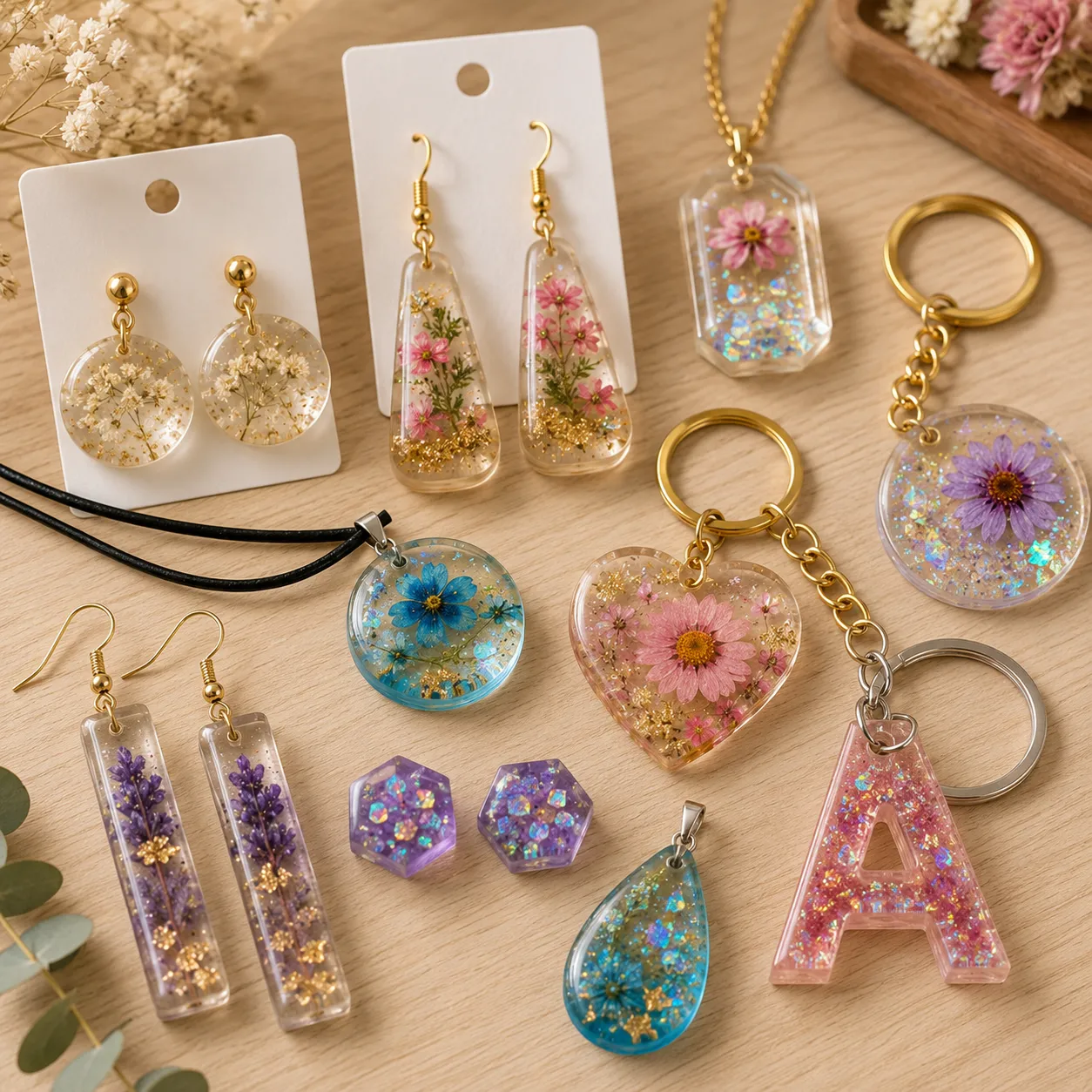 Una colección de accesorios de joyería terminados en resina epóxica, que incluye aretes, dijes y llaveros con flores secas encapsuladas y efectos holográficos, exhibidos sobre una mesa de madera clara.