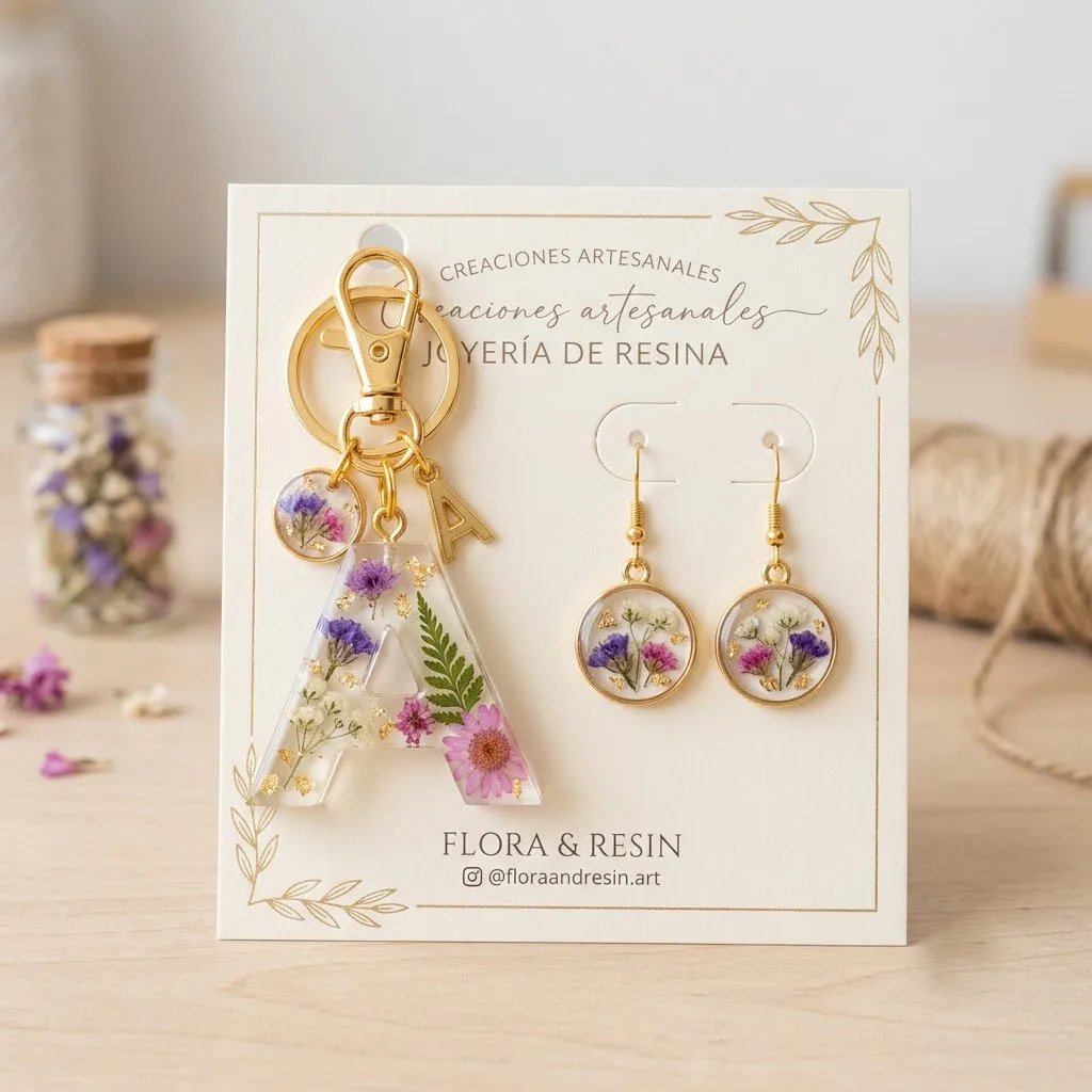 Un llavero de resina con una letra y flores secas encapsuladas junto a unos aretes a juego, presentados sobre una tarjeta de cartón con un diseño elegante y limpio.