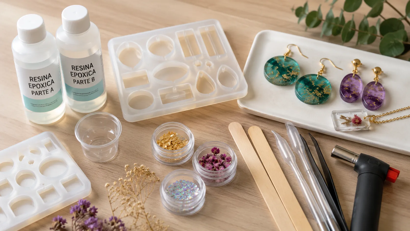 Kit básico para aprender a crear accesorios en resina con moldes de silicona, resina epóxica, herramientas y piezas terminadas sobre una mesa de trabajo.