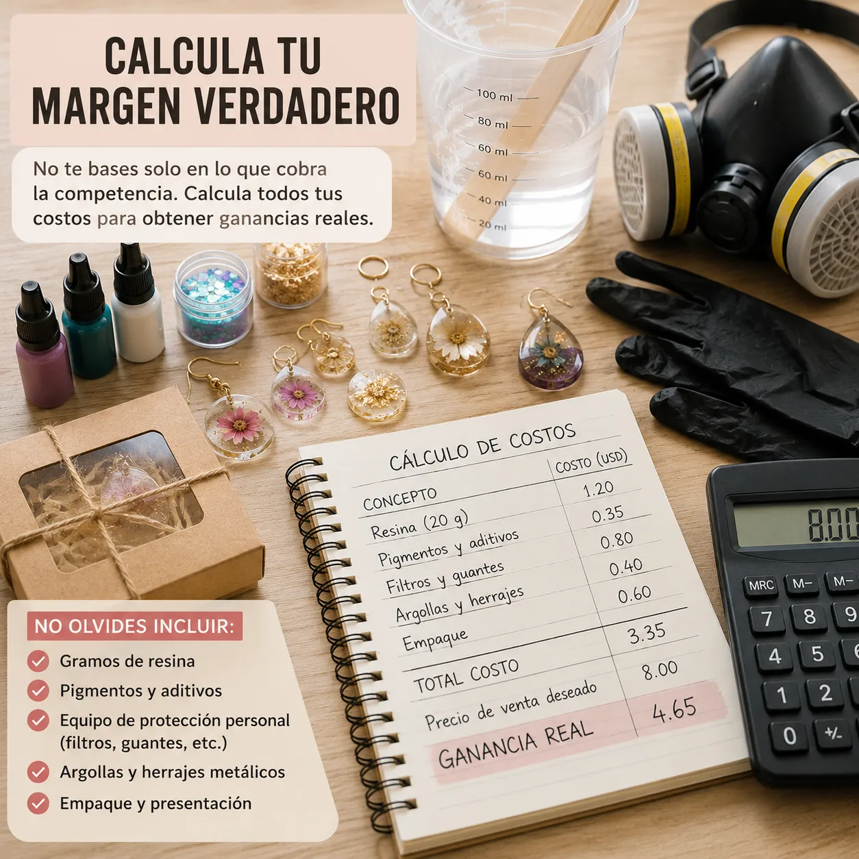 Materiales para fabricar accesorios de resina junto a una calculadora y un registro de costos, ilustrando cómo calcular correctamente el precio de venta y el margen de ganancia.