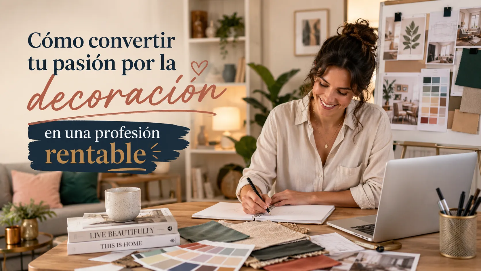 Diseñadora de interiores trabajando en un estudio con muestras de materiales, paletas de colores y bocetos, representando cómo convertir la pasión por la decoración en una profesión rentable.