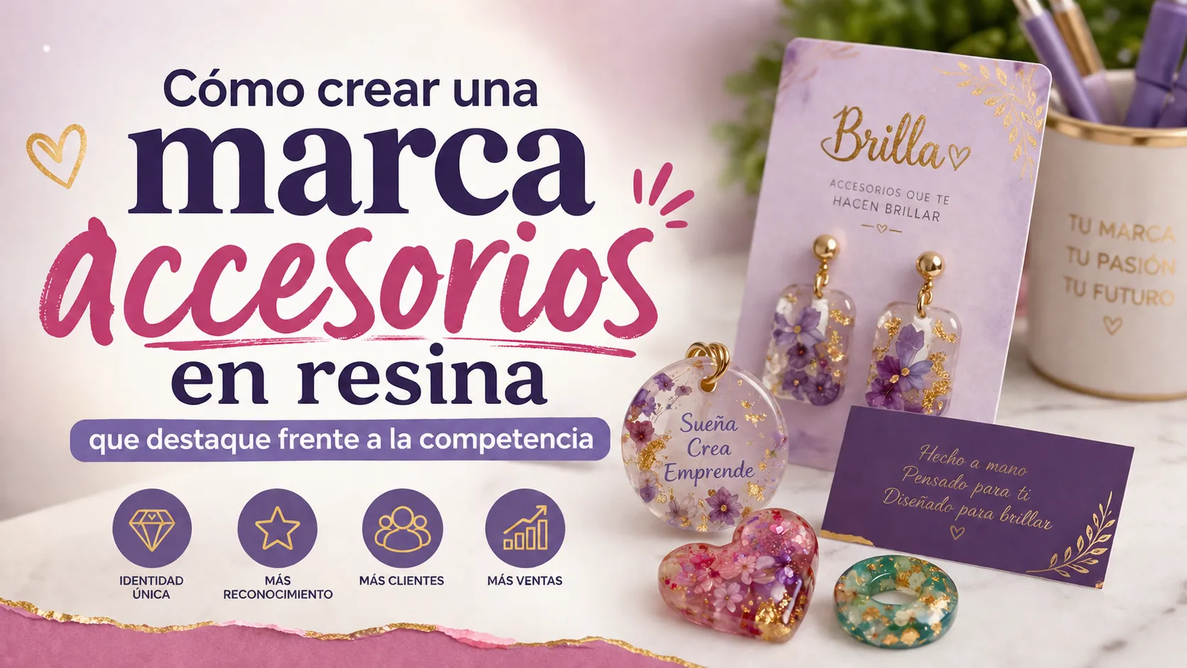 Imagen de accesorios en resina con identidad de marca, tarjetas de presentación y empaque personalizado para crear una marca que destaque frente a la competencia.