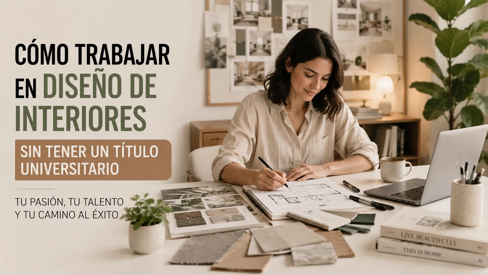 Diseñadora de interiores trabajando en un proyecto desde un estudio creativo con planos, muestras de materiales y computadora portátil, representando una carrera en diseño de interiores sin título universitario.