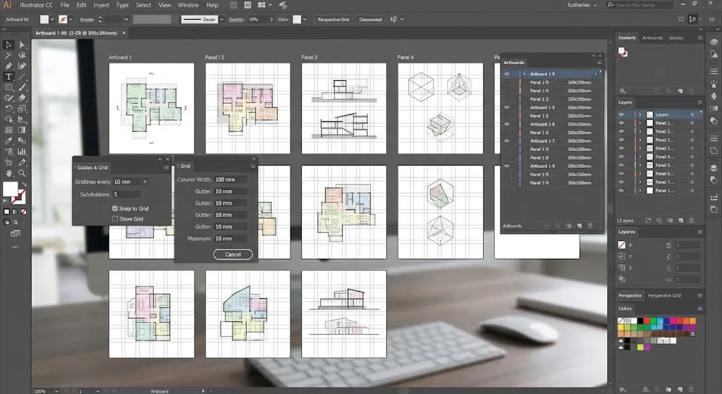Interfaz de Adobe Illustrator mostrando la configuración de mesas de trabajo y retícula modular para un panel de presentación arquitectónica.