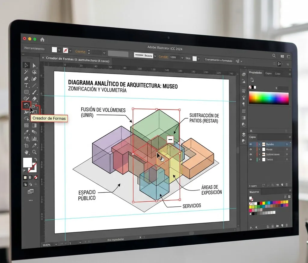 Demostración de la herramienta Creador de Formas en Adobe Illustrator uniendo y restando geometrías vectoriales para generar un diagrama analítico de arquitectura.