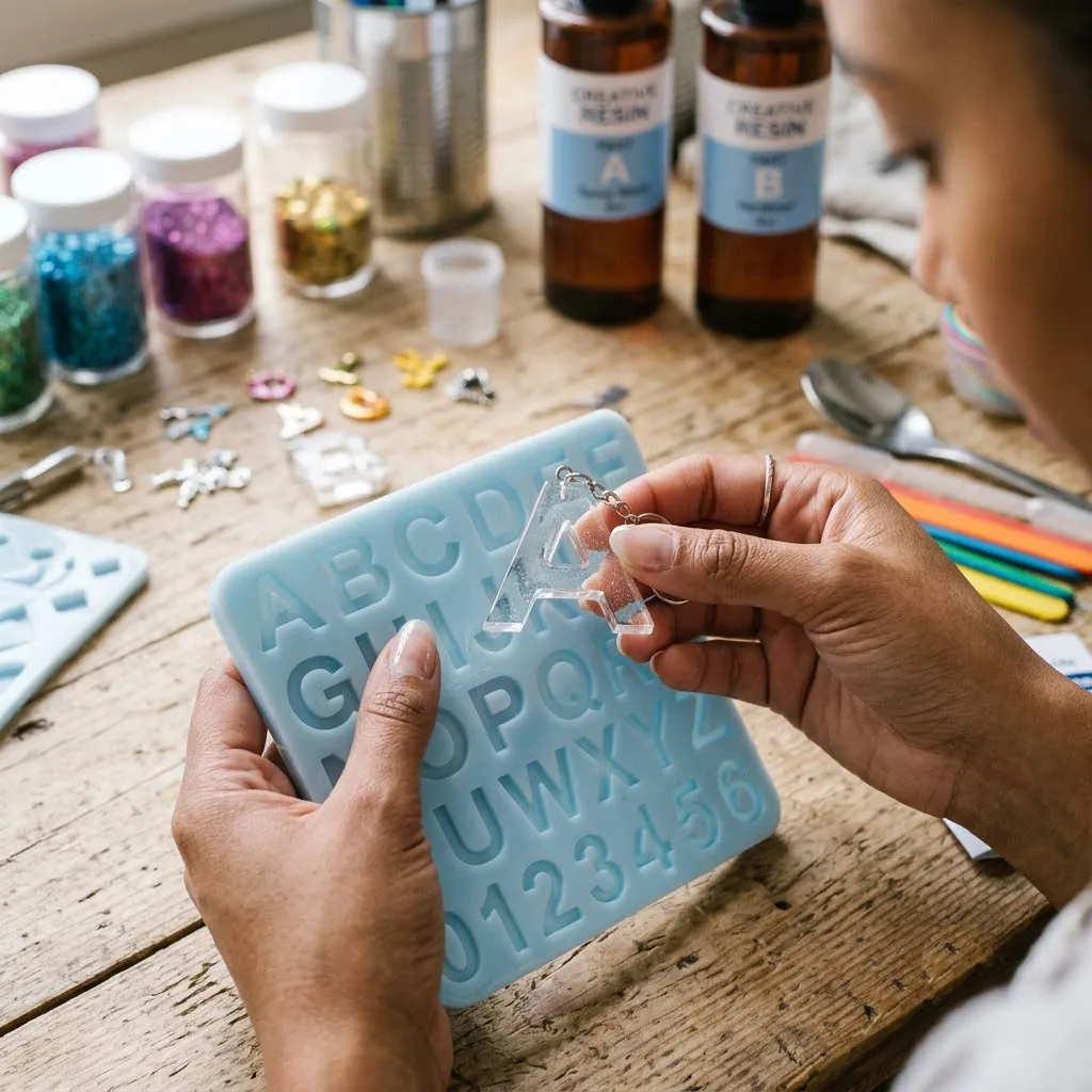 Primer plano de una artesana retirando con cuidado un llavero de letras perfectamente transparente y brillante de un molde de silicona flexible.