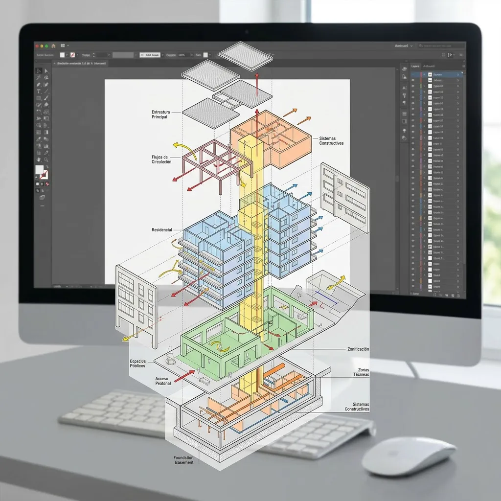 Diagrama axonométrico explotado de un edificio dibujado en Adobe Illustrator con colores vectoriales y flechas de análisis espacial.