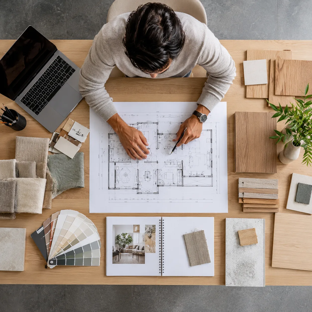 Vista superior de un diseñador de interiores en su estudio moderno analizando un plano arquitectónico en papel junto a muestras de madera clara y textiles de lino ordenados sobre una mesa.