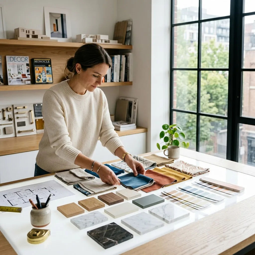Diseñador de interiores en su estudio moderno organizando muestras de telas, madera, mármol y paletas de colores sobre una mesa blanca iluminada por un ventanal.
