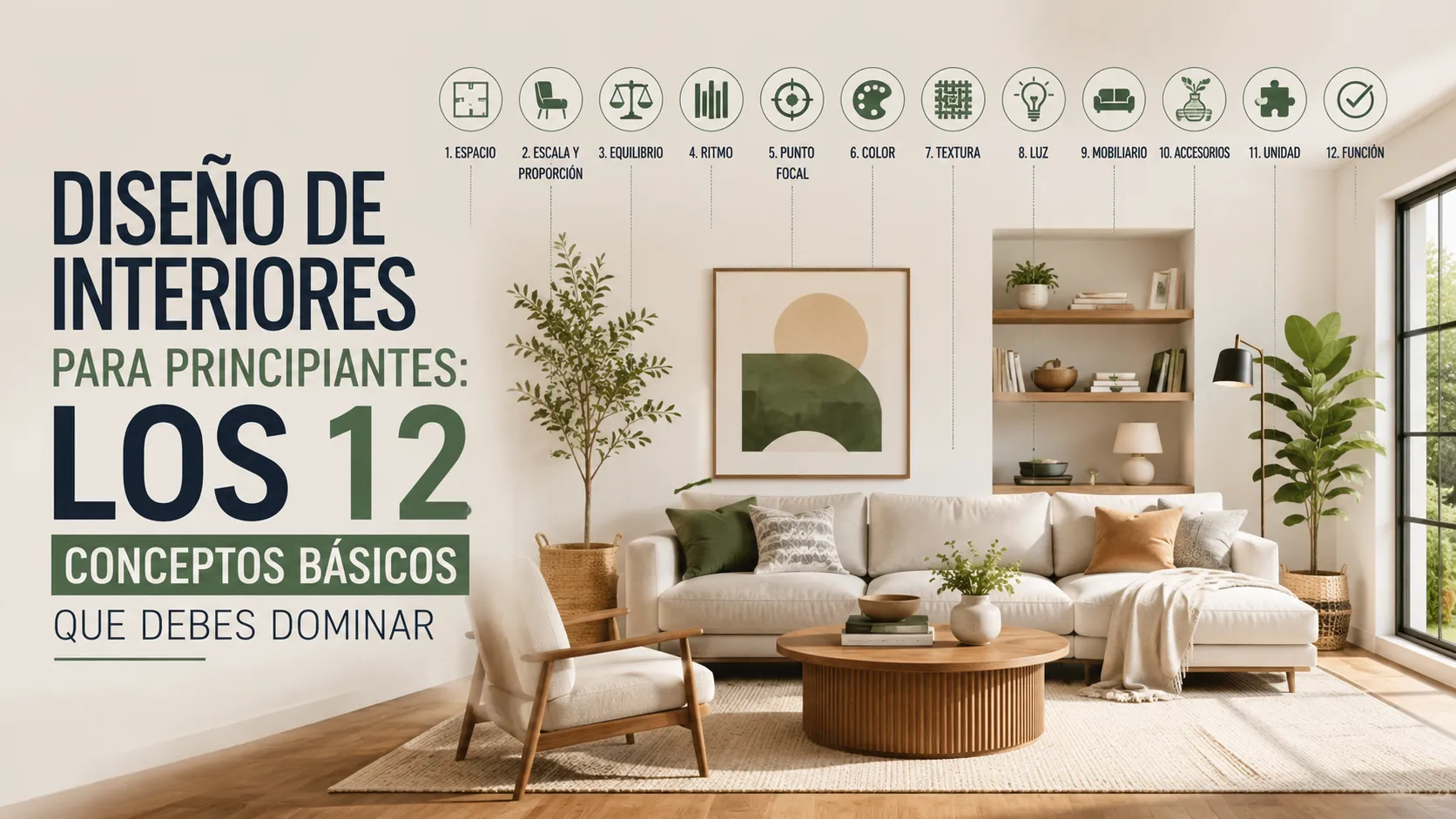 Sala de estar moderna que representa los 12 conceptos básicos del diseño de interiores para principiantes, incluyendo equilibrio, color, iluminación, textura y mobiliario.