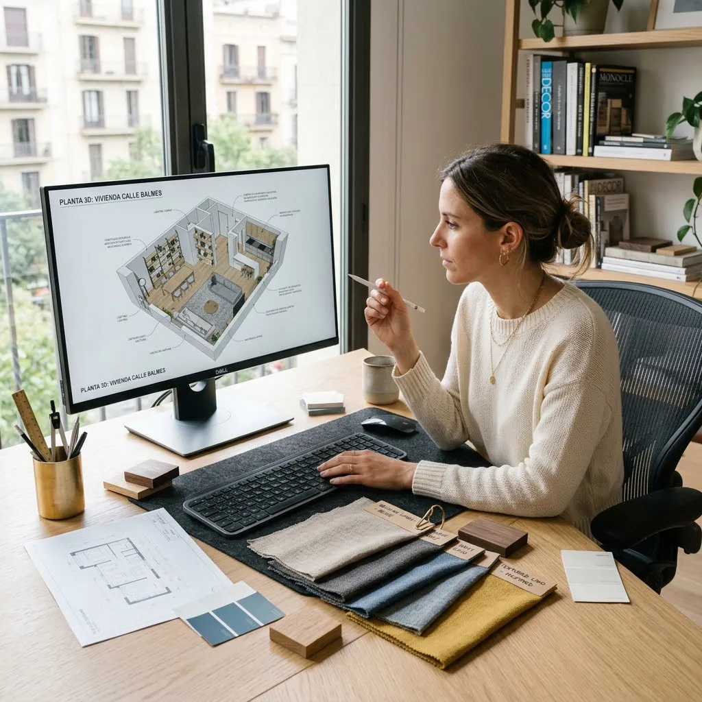 Un diseñador de interiores profesional trabajando en su ordenador de estudio moderno, mostrando en la pantalla un plano arquitectónico tridimensional detallado junto a muestras físicas de lino sobre el escritorio.