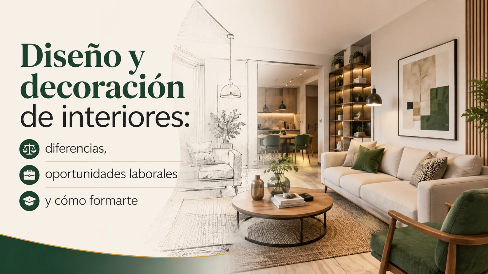 Sala de estar moderna con elementos de diseño de interiores que representan las diferencias entre diseño y decoración, las oportunidades laborales y la formación profesional en el sector.