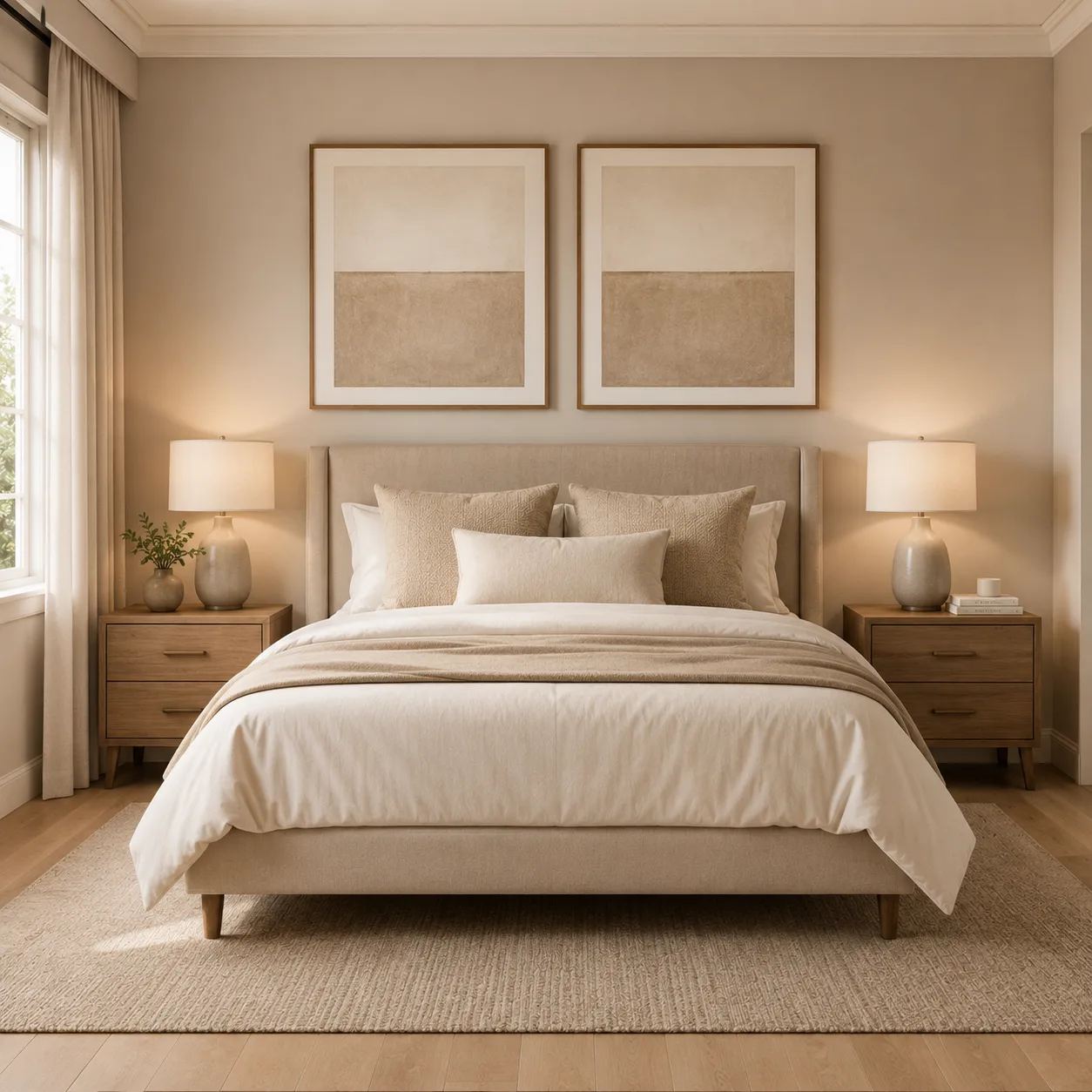 Dormitorio elegante con una cama central flanqueada por dos mesitas de noche idénticas, lámparas a juego y cuadros simétricos en la pared de fondo en colores beige.
