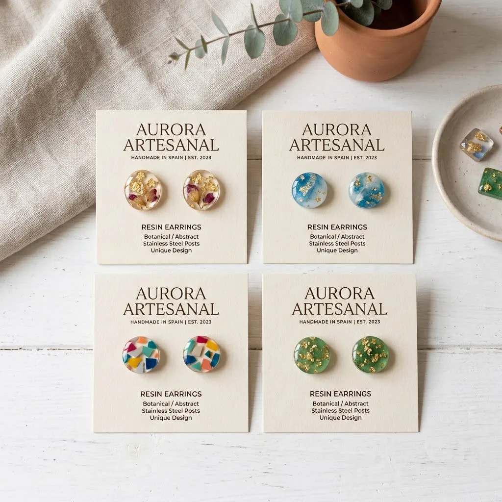 Un empaque elegante de una marca artesanal, mostrando aretes de resina colocados sobre tarjetas de cartón con un diseño limpio y minimalista encima de una mesa blanca.