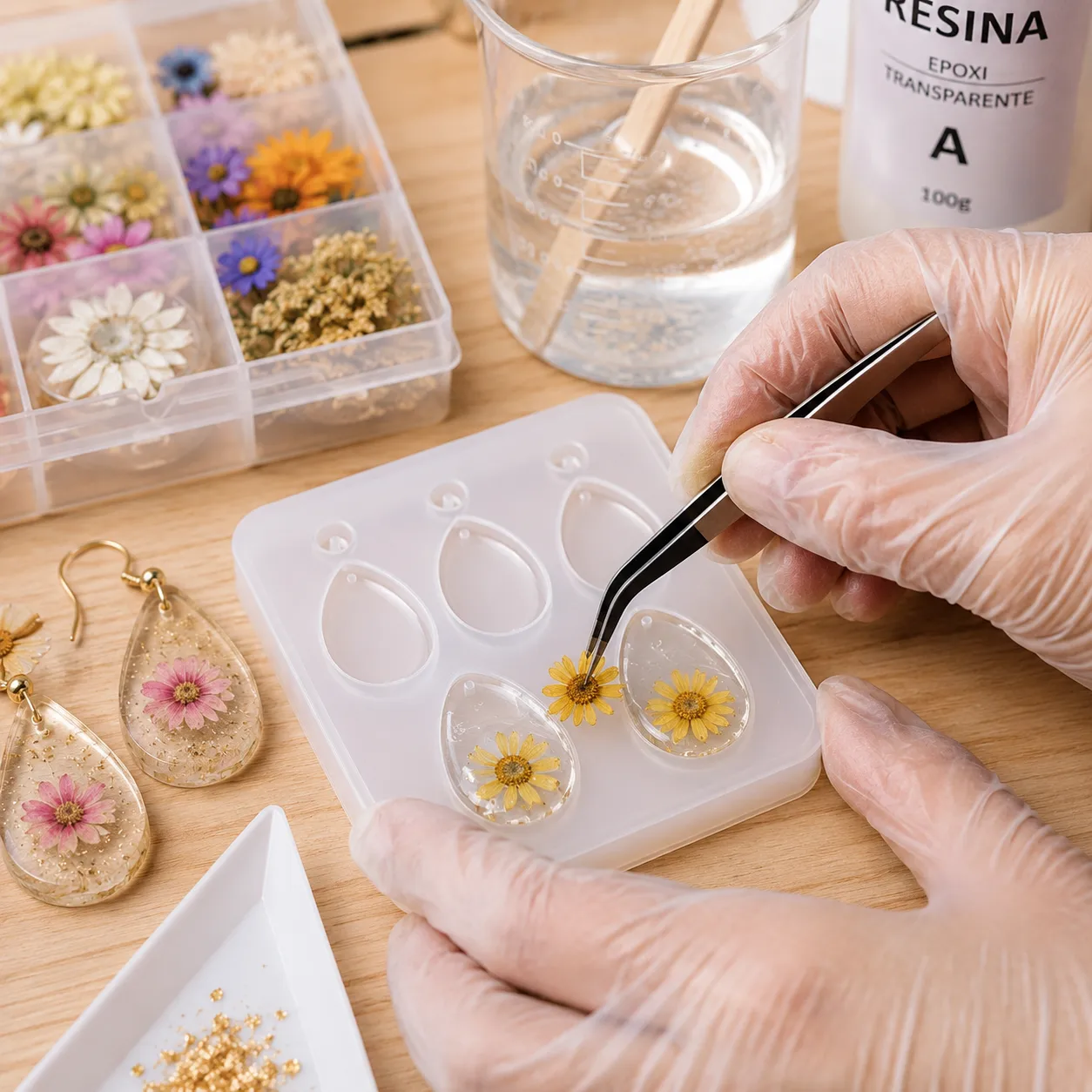 Una artesana colocando con pinzas de precisión una pequeña flor amarilla completamente seca dentro de un molde de silicona para aretes lleno de resina transparente.