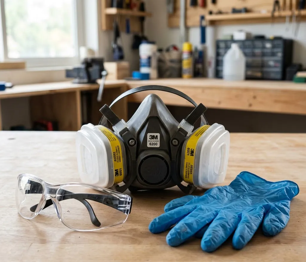 Un primer plano fotorrealista de un respirador con filtros químicos, guantes de nitrilo azules y gafas de seguridad transparentes dispuestos sobre una mesa de trabajo limpia.