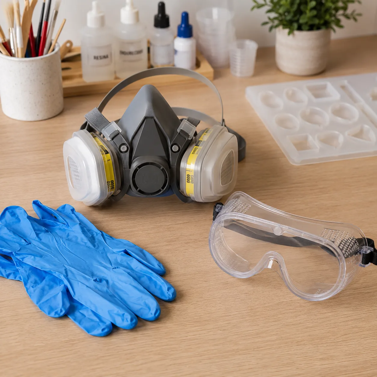Un espacio de trabajo limpio donde se muestran una mascarilla con filtros dobles, un par de guantes de nitrilo azules y gafas de protección transparentes sobre una mesa de madera.