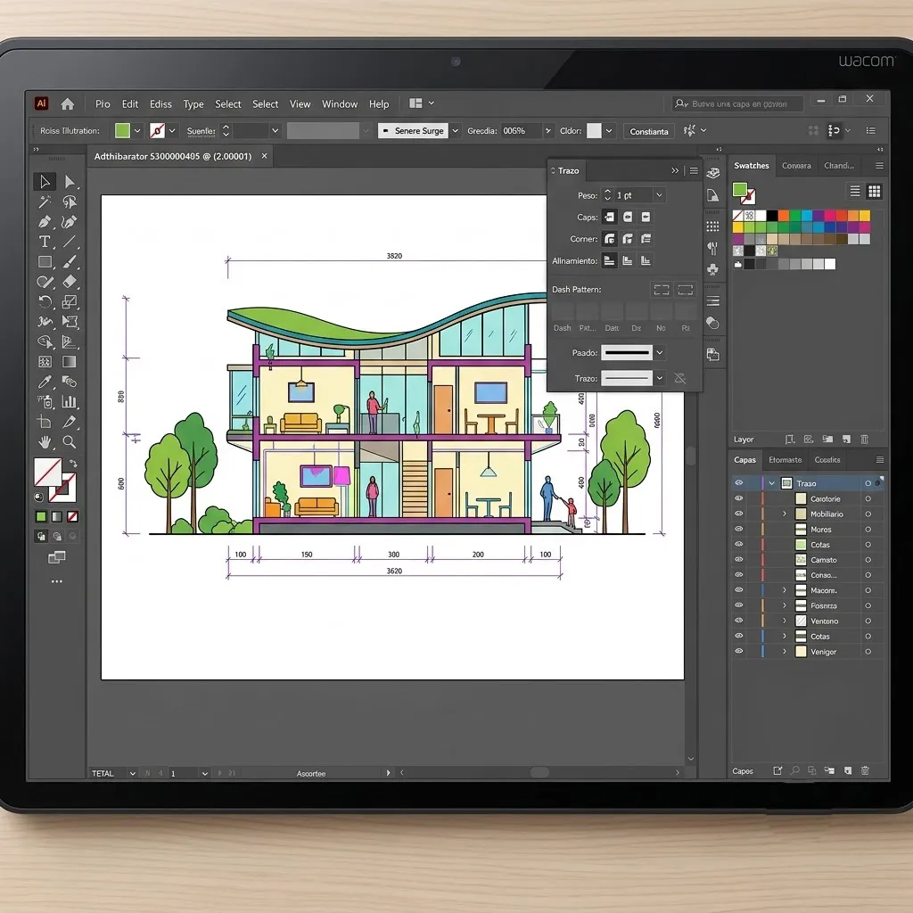 Captura de interfaz de Adobe Illustrator mostrando el panel de trazos y la selección de herramientas vectoriales para planos de arquitectura.