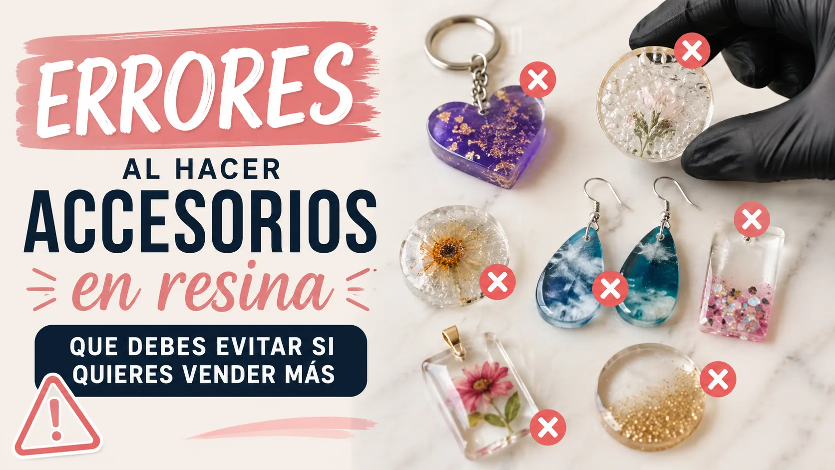 Accesorios de resina con defectos comunes como burbujas, acabados irregulares e imperfecciones, ilustrando los errores que debes evitar para vender productos de mejor calidad.