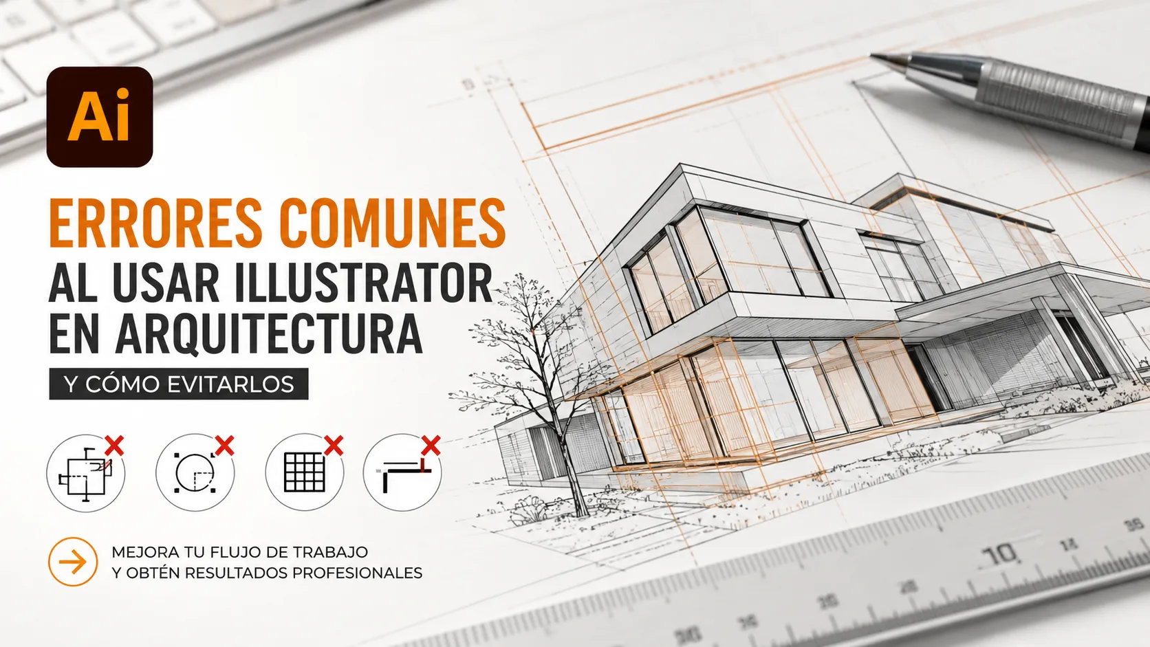 Ilustración de un proyecto arquitectónico creado en Adobe Illustrator que muestra errores comunes de diseño vectorial y técnicas para evitarlos en planos y presentaciones arquitectónicas.