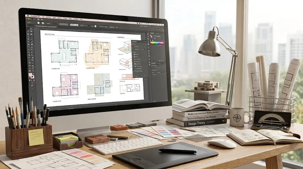 Un escritorio de arquitecto lleno de herramientas, libros y planos, con una pantalla que muestra diseños vectoriales en Adobe Illustrator.