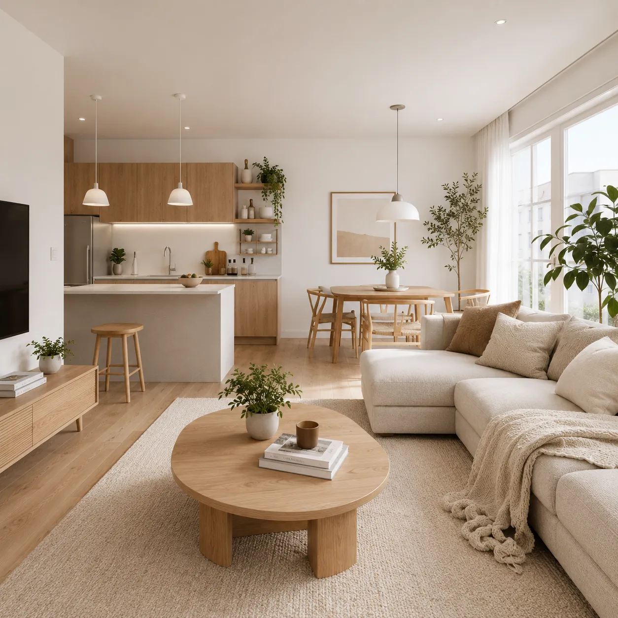 Un apartamento de concepto abierto diseñado bajo el estilo nórdico, combinando maderas claras, textiles de lino, plantas naturales y una paleta de colores neutros armoniosa.