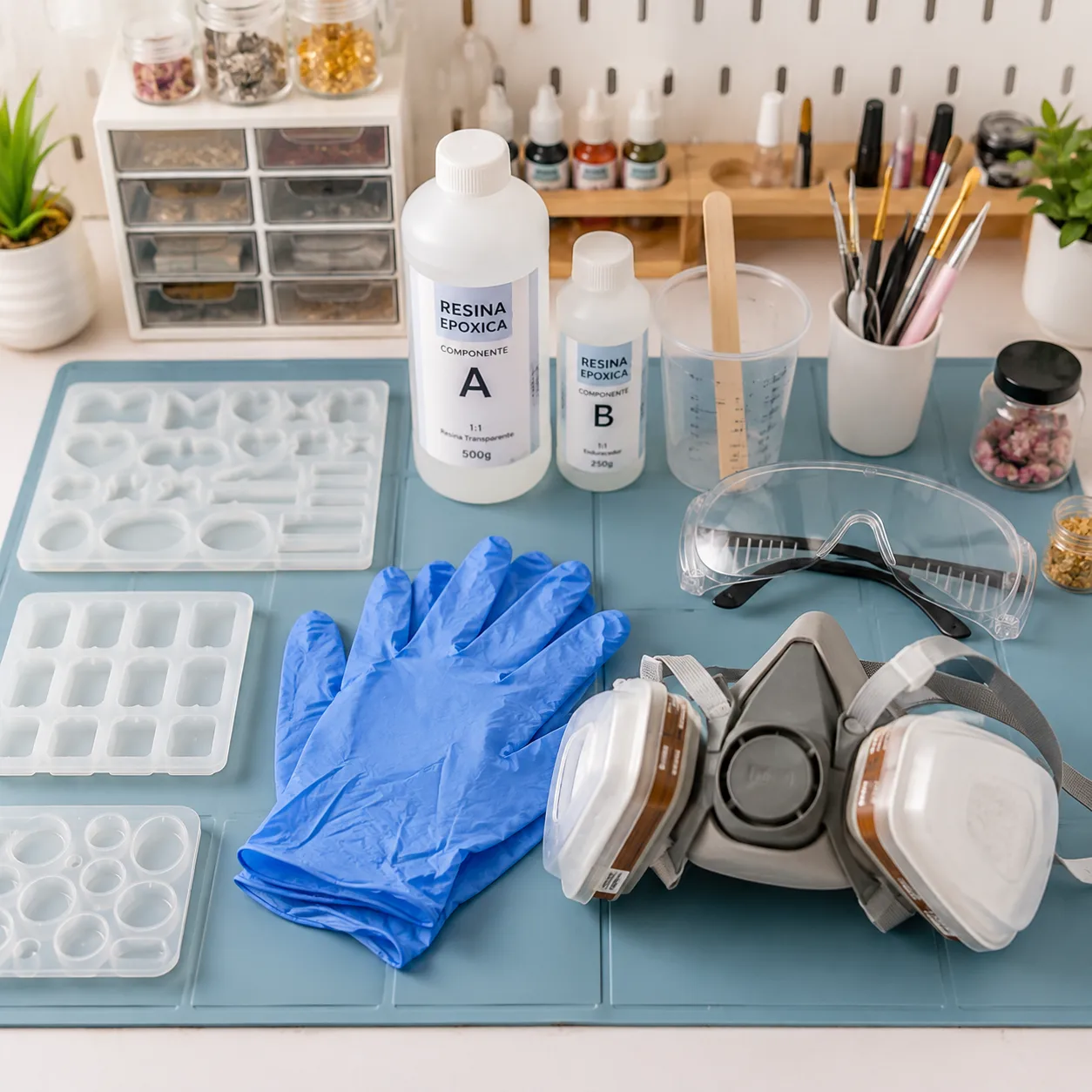 Un espacio de trabajo limpio y ordenado para manualidades con resina, que muestra moldes de silicona, resina epóxica líquida, guantes de nitrilo, una mascarilla con filtros y gafas de seguridad sobre un tapete protector.