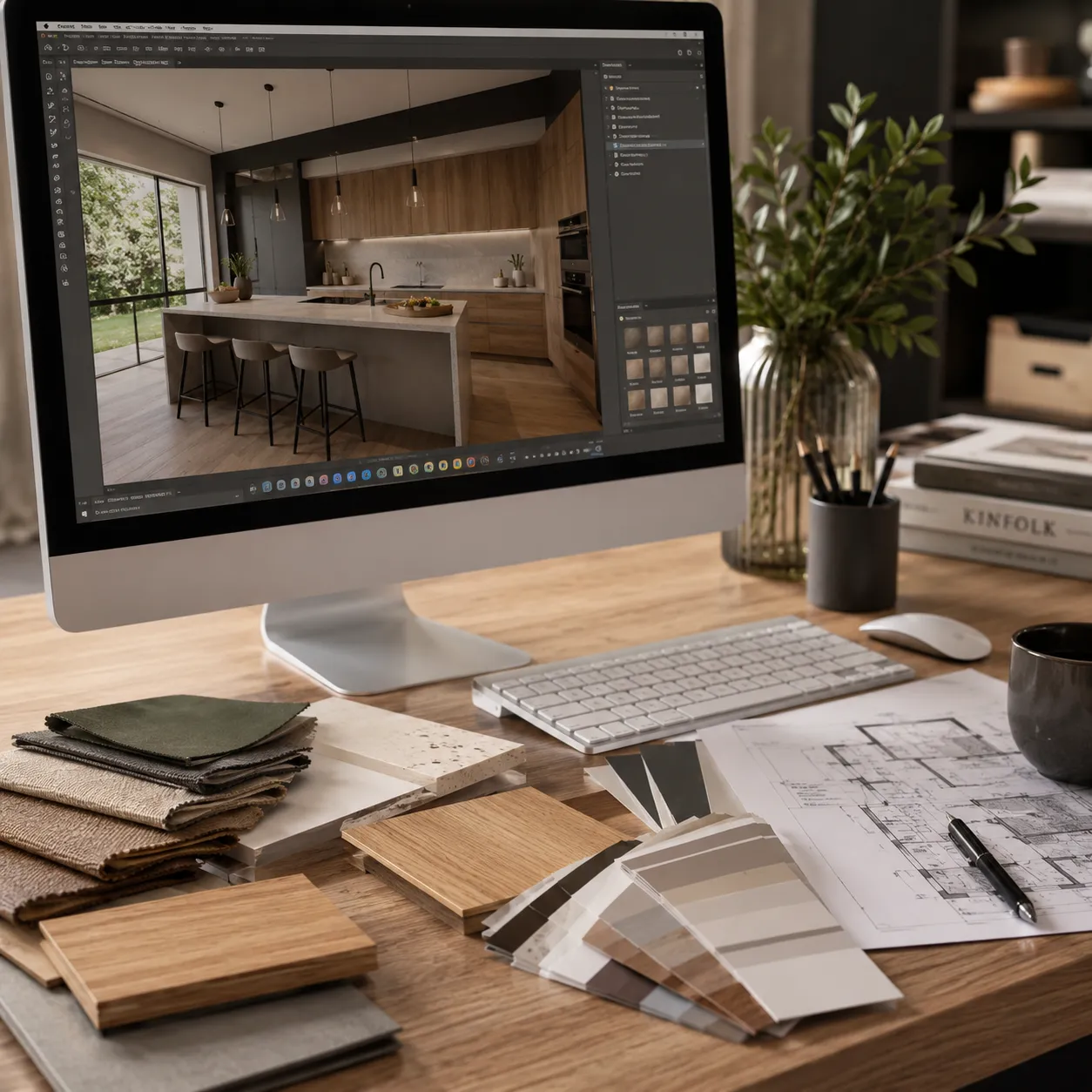 Un primer plano de un escritorio de diseño impecable donde se observa una pantalla mostrando un render 3D de una cocina moderna junto a muestras de madera y lino.