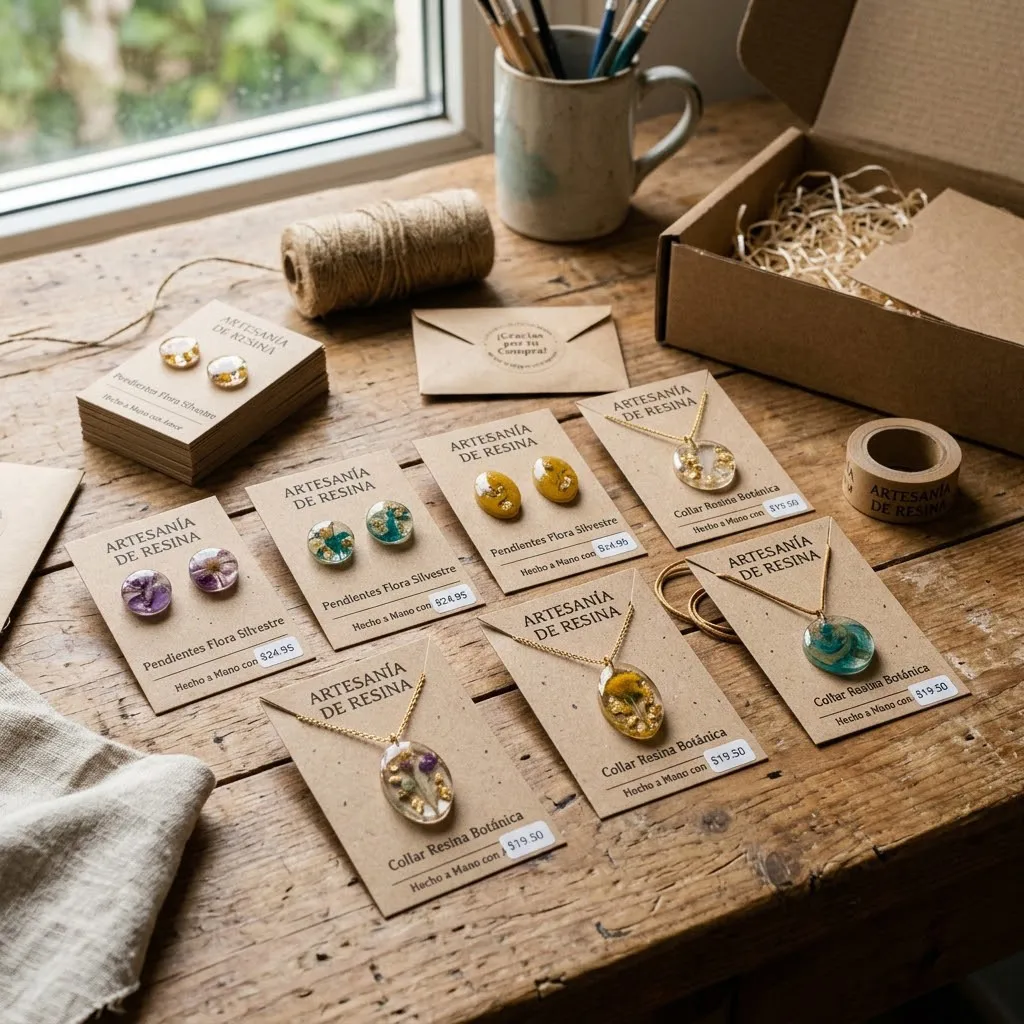 Una mesa de madera iluminada con luz natural donde se muestran aretes y dijes de resina empaquetados en tarjetas de cartón reciclado listos para ser enviados a los clientes.