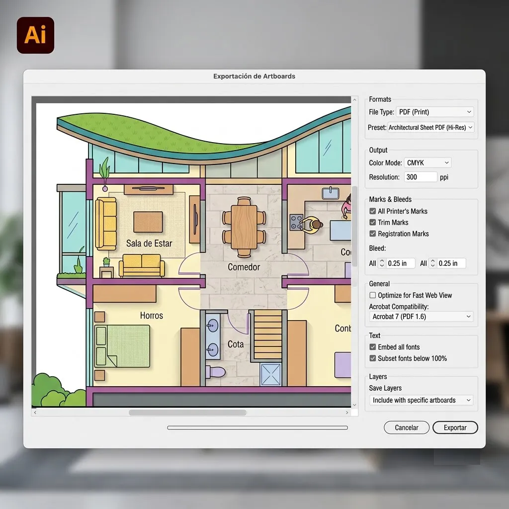 Pantalla de ajuste de exportación PDF en Adobe Illustrator configurada para impresión de láminas arquitectónicas.