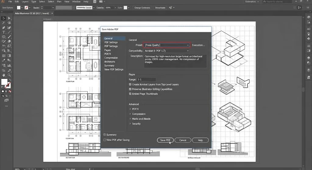 Pantalla de exportación de PDF de alta calidad en Adobe Illustrator lista para enviar a imprenta de gran formato.