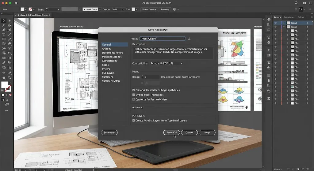 Ventana de ajustes de exportación a PDF en Adobe Illustrator configurada para impresión de paneles arquitectónicos de gran formato.