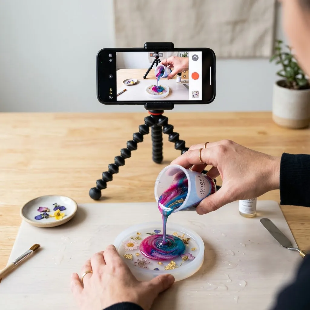 Un teléfono celular colocado en un trípode grabando las manos de un artesano mientras vierte resina de colores brillantes en un molde sobre un fondo limpio.