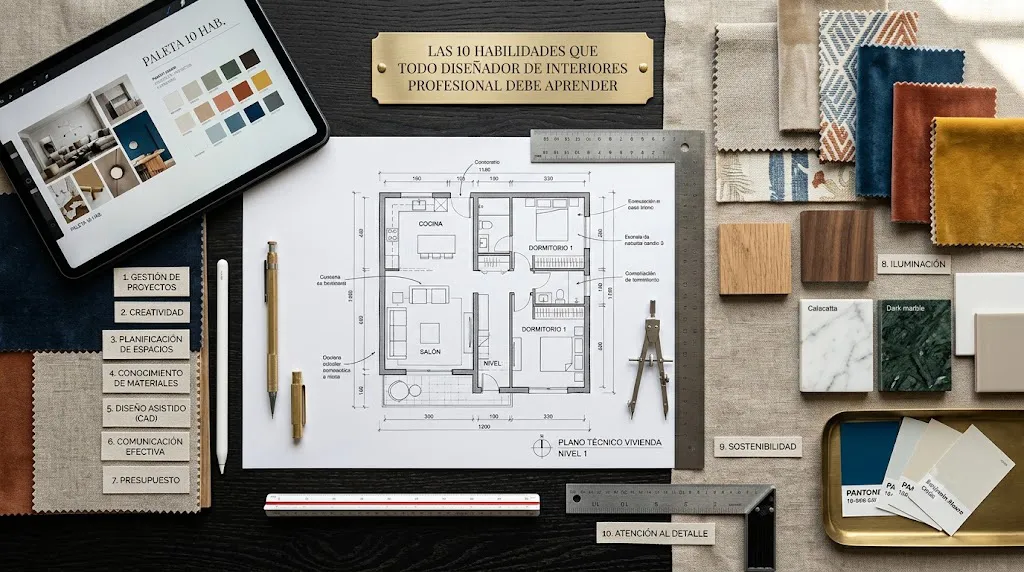 Una composición horizontal y creativa sobre una mesa de trabajo que representa las habilidades del interiorismo, combinando planos arquitectónicos detallados, herramientas de medición técnica, muestras de materiales premium como mármol y maderas, junto a textiles de alta calidad organizados estéticamente.