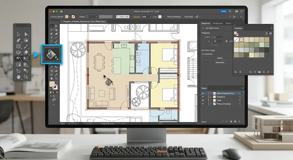Interfaz de Adobe Illustrator mostrando la herramienta Pintura Dinámica seleccionada al colorear diferentes recintos de un plano arquitectónico vectorial.