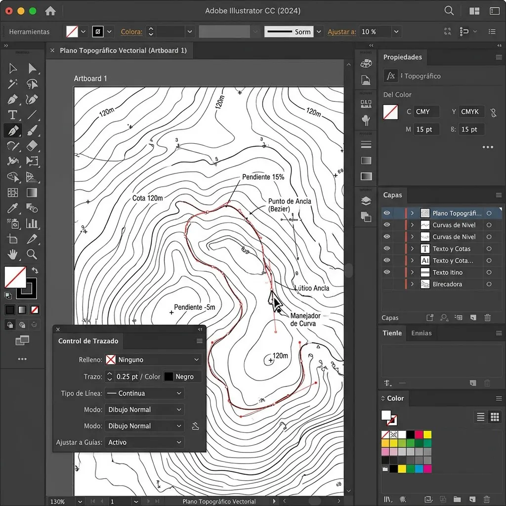Interfaz de Adobe Illustrator mostrando el uso de la herramienta Pluma para dibujar curvas de nivel vectoriales sobre un plano topográfico.