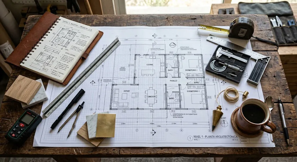 Plano técnico extendido sobre una mesa de trabajo rústica, rodeado de un cuaderno de notas de bocetos, un escalímetro profesional, herramientas de medición y una taza de café.