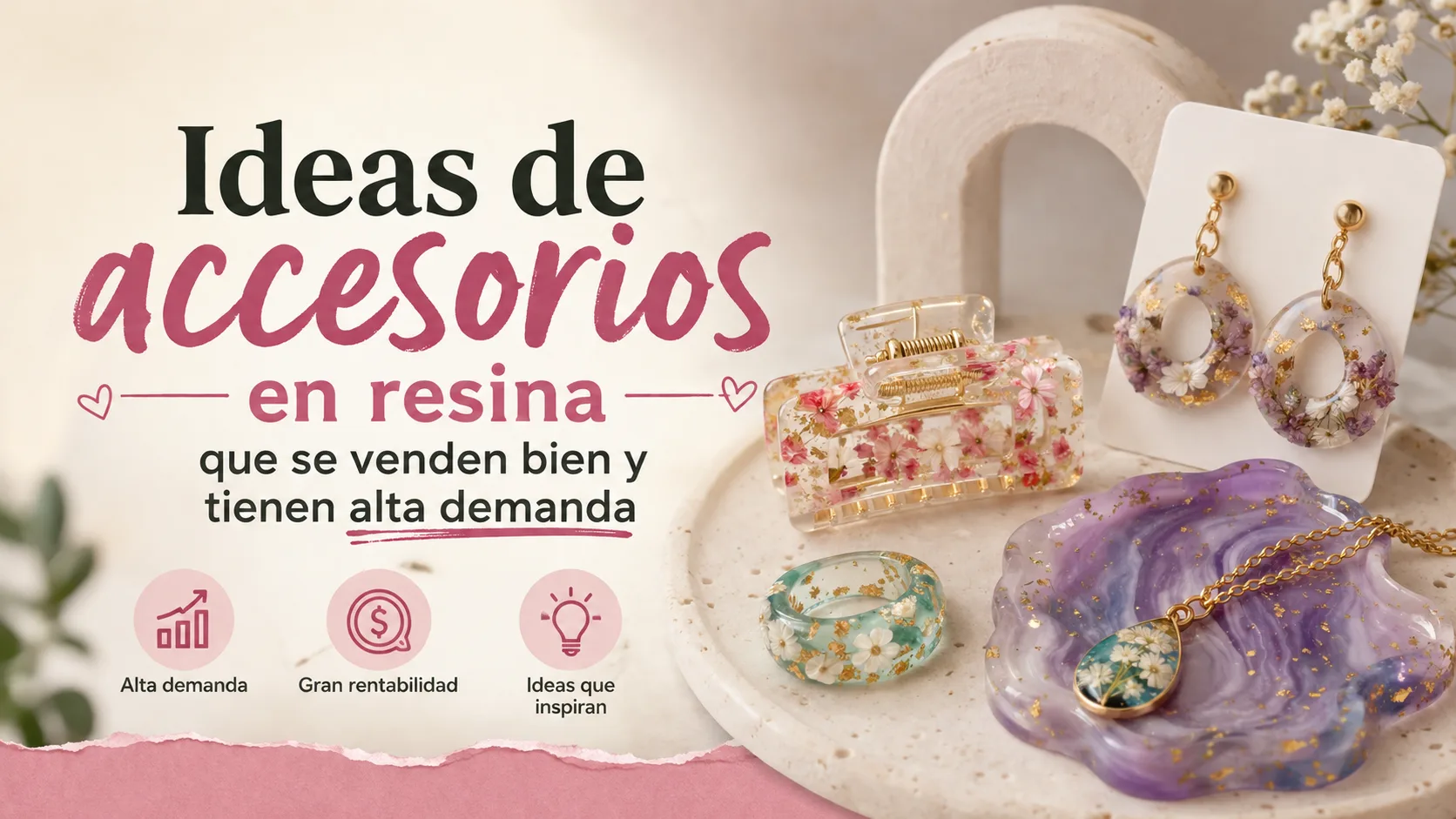 Colección de accesorios en resina con aretes, colgantes, anillos y pinza para el cabello, mostrando ideas de productos con alta demanda para vender y emprender.