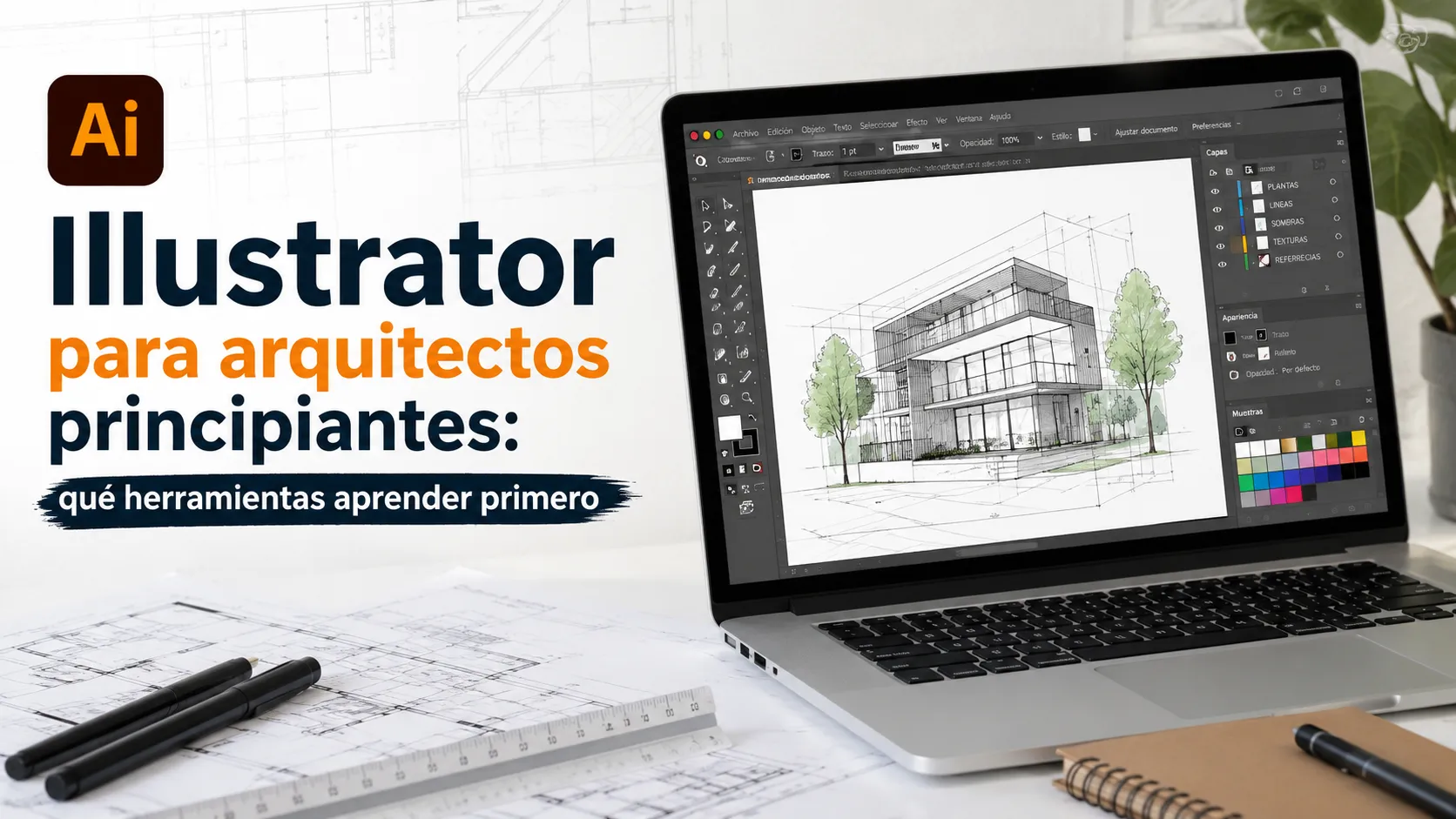 Portada sobre Illustrator para arquitectos principiantes con una computadora mostrando un proyecto arquitectónico y las herramientas básicas del programa para comenzar a diseñar planos e ilustraciones.