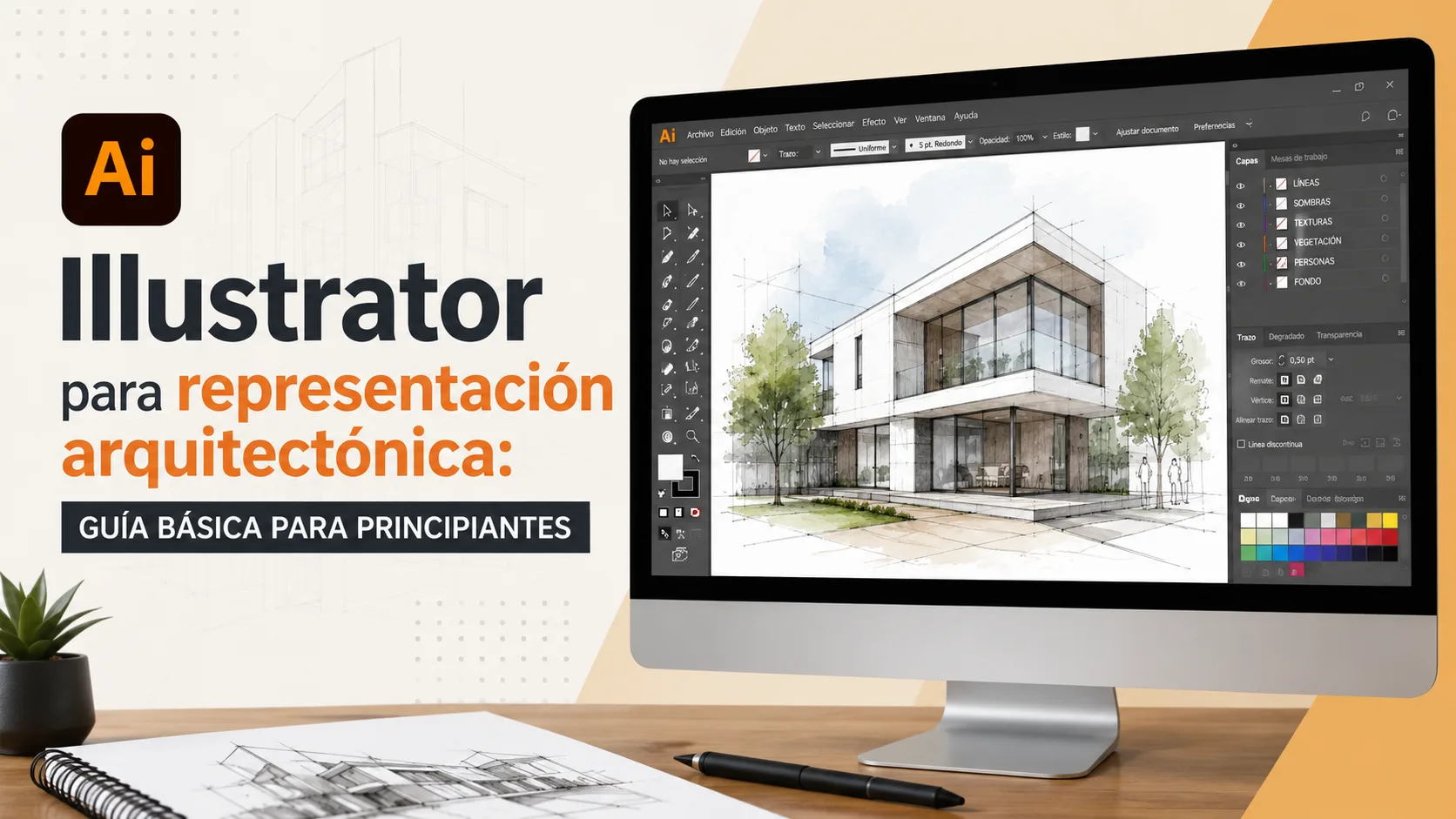 Ilustración de una representación arquitectónica creada en Adobe Illustrator con una vivienda moderna en pantalla y herramientas de diseño para principiantes.