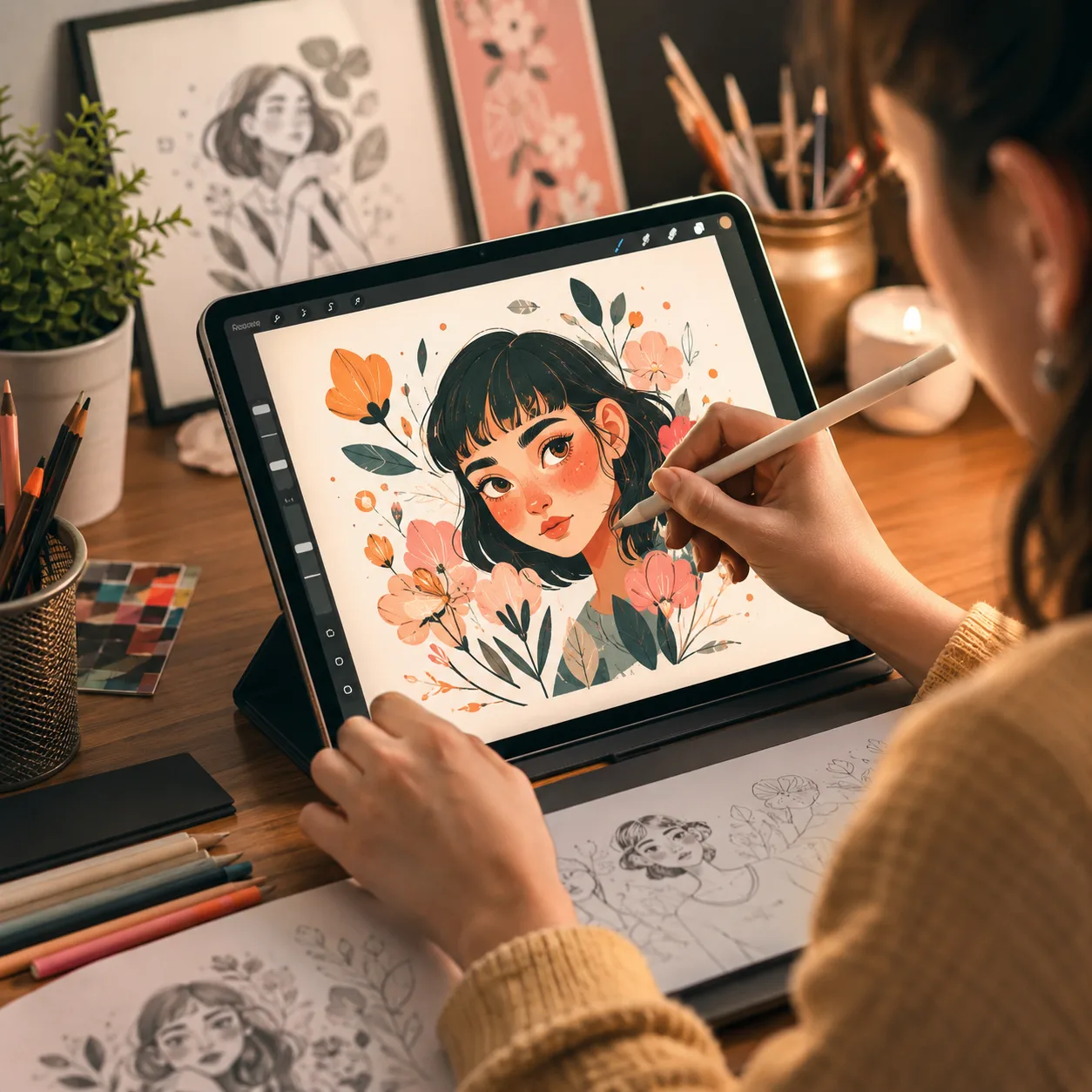 Artista creando una ilustración digital en un iPad con Procreate en un espacio de trabajo creativo y organizado.