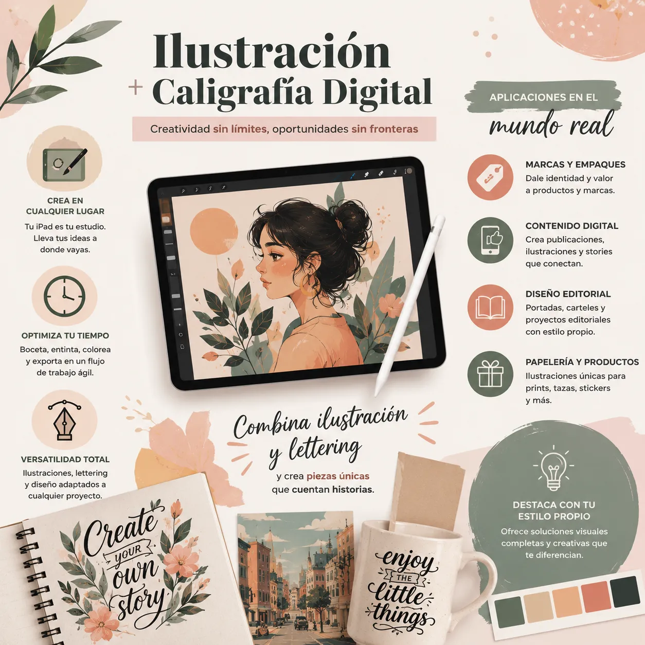 Infografía sobre las principales aplicaciones de la ilustración y la caligrafía digital en branding, contenido para redes sociales, diseño editorial y productos personalizados.