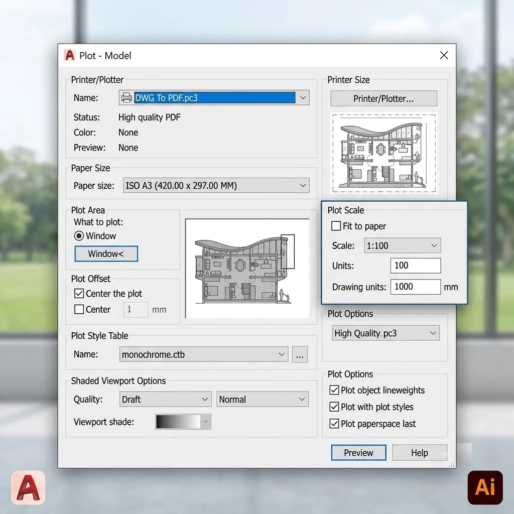 Captura de pantalla de la interfaz de impresión de AutoCAD configurada para exportar un plano a PDF de alta calidad, mostrando las opciones de escala y trazado.