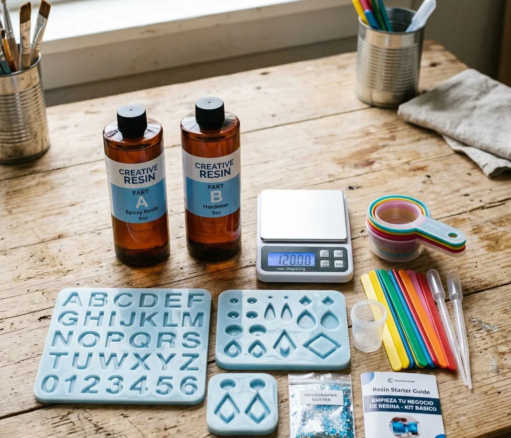 Un kit básico y económico para comenzar un negocio de resina, que incluye dos frascos de resina epóxica, una pequeña báscula digital, tres moldes de silicona de letras y aretes, y palitos mezcladores de plástico sobre una mesa.
