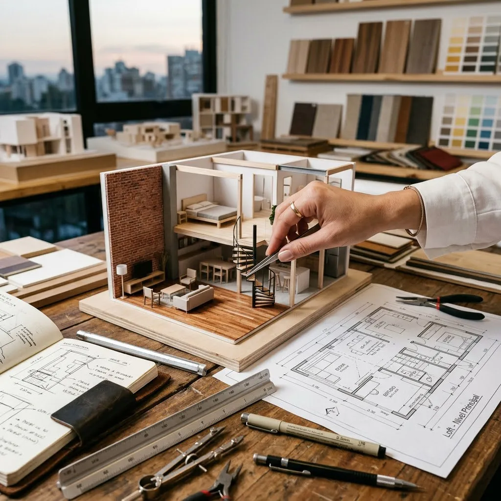 Vista de cerca de una mano profesional ajustando una minuciosa maqueta física a escala de un loft residencial, rodeada de planos de planta en papel e instrumental de precisión.